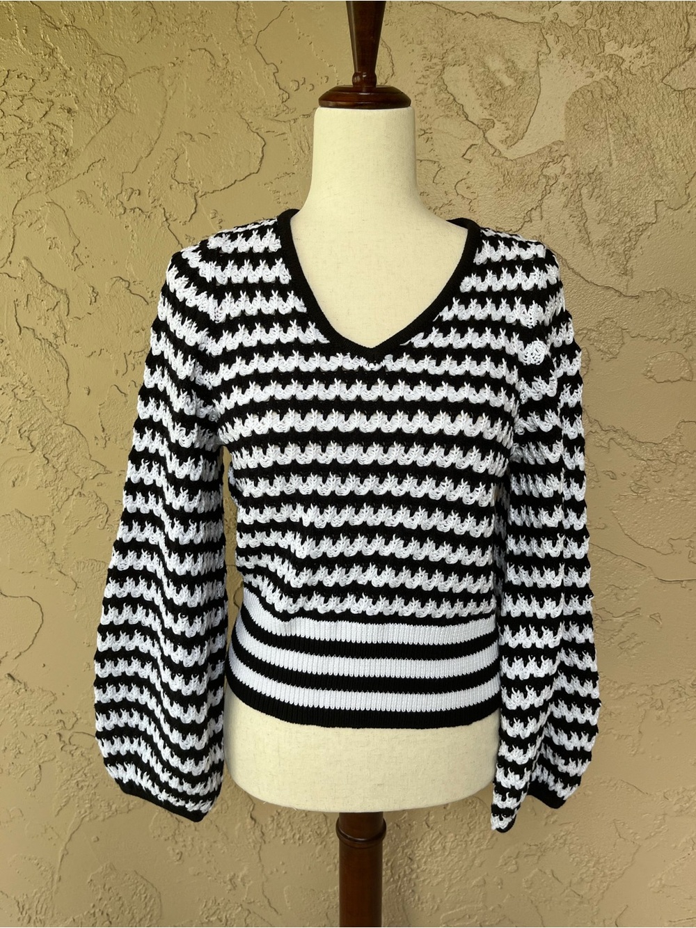 Marc New York Black and White Striped V-Neck Sweater